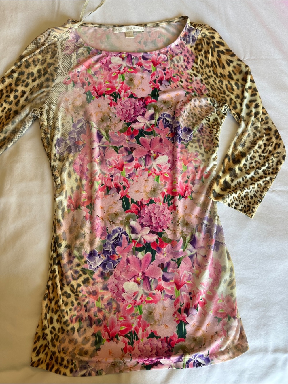 Boston Proper Pink Floral Front with Leopard-Sleeve Tunic